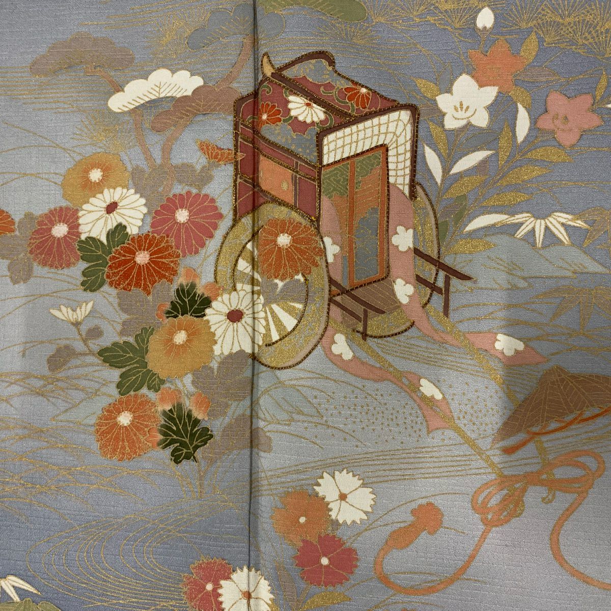 【庫存清倉】訪問服 身長157cm 袖長66cm M 雙層 御所車 松樹竹子梅花 金絲 金銀彩 青灰 純蠶絲 優品級