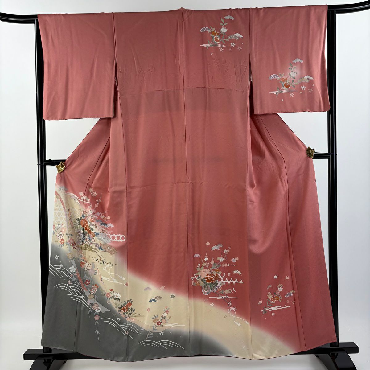 【庫存清倉】訪問服 身長158.5cm 袖長64.5cm M 雙層 花車 ヱ霞 金絲 金銀彩 粉紅 純蠶絲 優品級