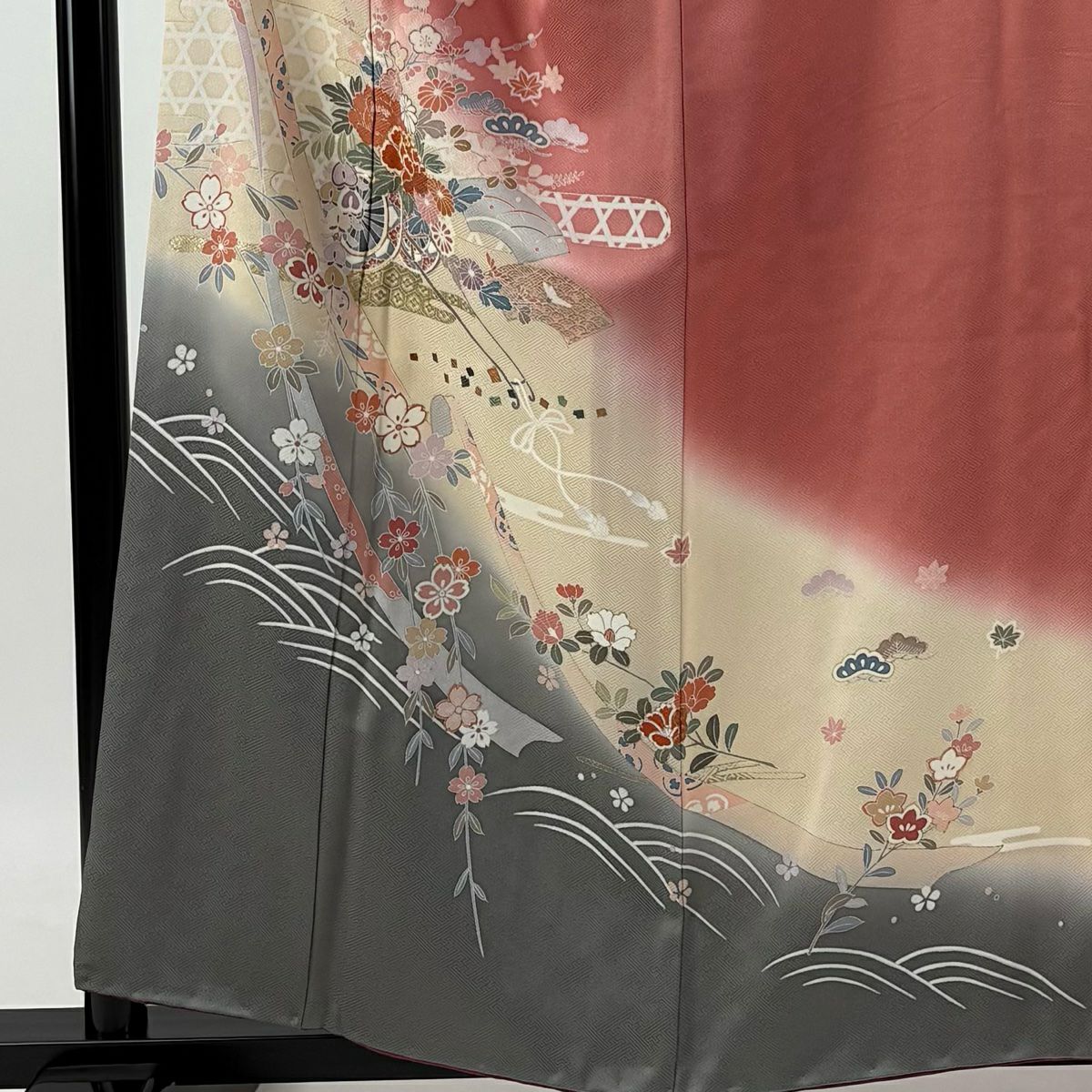 【庫存清倉】訪問服 身長158.5cm 袖長64.5cm M 雙層 花車 ヱ霞 金絲 金銀彩 粉紅 純蠶絲 優品級
