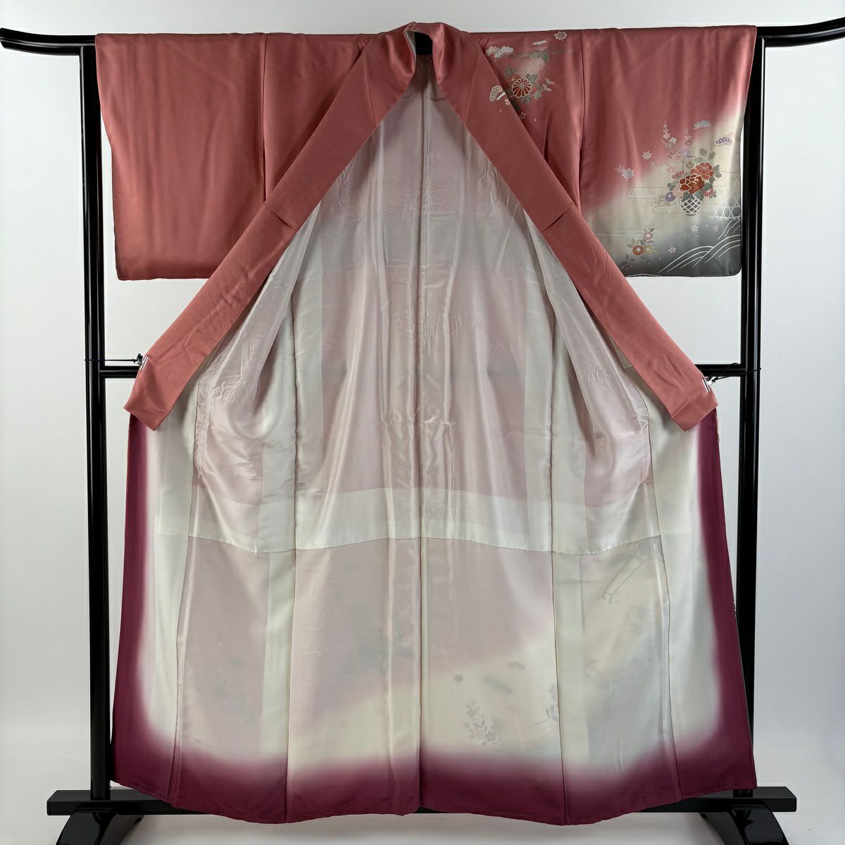 【庫存清倉】訪問服 身長158.5cm 袖長64.5cm M 雙層 花車 ヱ霞 金絲 金銀彩 粉紅 純蠶絲 優品級