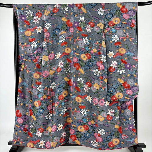 【庫存清倉】振袖禮服 身長158.5cm 袖長67cm M 雙層 松樹竹子梅花 菊花 絞染 灰 純蠶絲 名品級