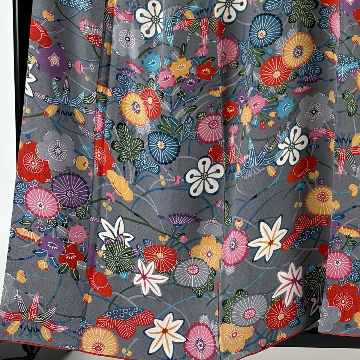 【庫存清倉】振袖禮服 身長158.5cm 袖長67cm M 雙層 松樹竹子梅花 菊花 絞染 灰 純蠶絲 名品級