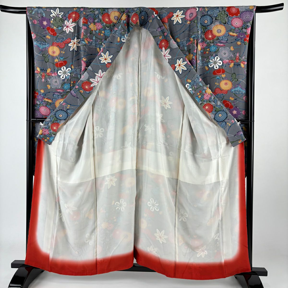 【庫存清倉】振袖禮服 身長158.5cm 袖長67cm M 雙層 松樹竹子梅花 菊花 絞染 灰 純蠶絲 名品級