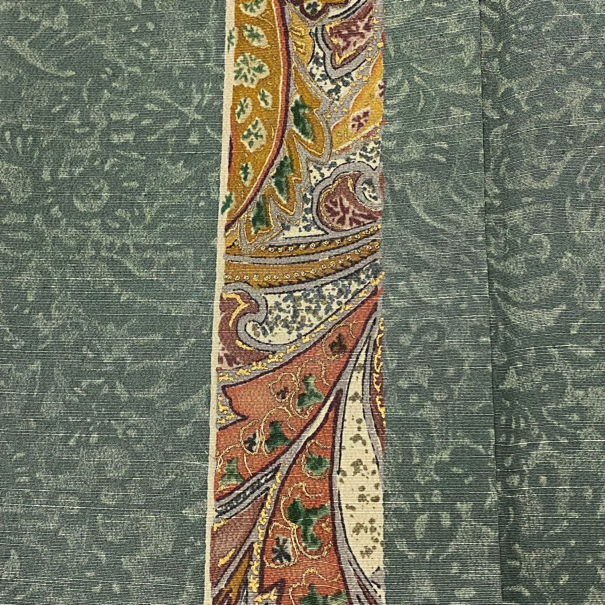 【庫存清倉】 付下 身長160.5cm 袖長64cm M 雙層 縱條 草花紋紋 金銀彩 灰綠 純蠶絲 名品級