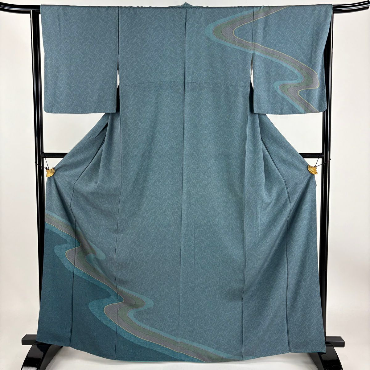 【庫存清倉】 付下 身長165.5cm 袖長64cm M 雙層 流水 草花紋 灰綠 純蠶絲 優品級