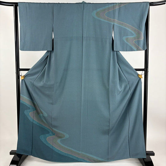 【庫存清倉】 付下 身長165.5cm 袖長64cm M 雙層 流水 草花紋 灰綠 純蠶絲 優品級