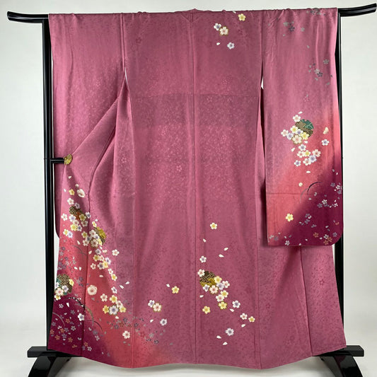 【庫存清倉】振袖禮服 身長160.5cm 袖長65cm M 雙層 雪輪 櫻花 金銀彩 漸層 粉紅 純蠶絲 名品級