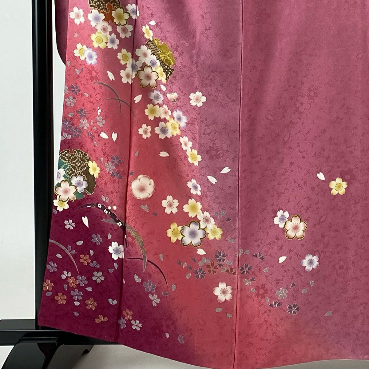 【庫存清倉】振袖禮服 身長160.5cm 袖長65cm M 雙層 雪輪 櫻花 金銀彩 漸層 粉紅 純蠶絲 名品級