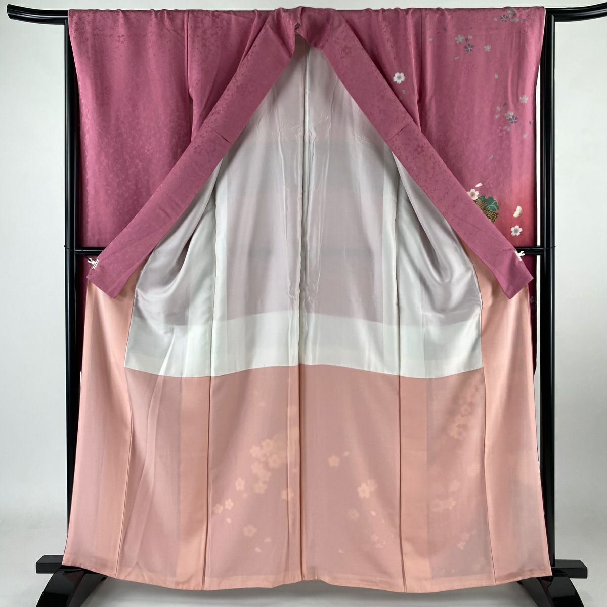 【庫存清倉】振袖禮服 身長160.5cm 袖長65cm M 雙層 雪輪 櫻花 金銀彩 漸層 粉紅 純蠶絲 名品級