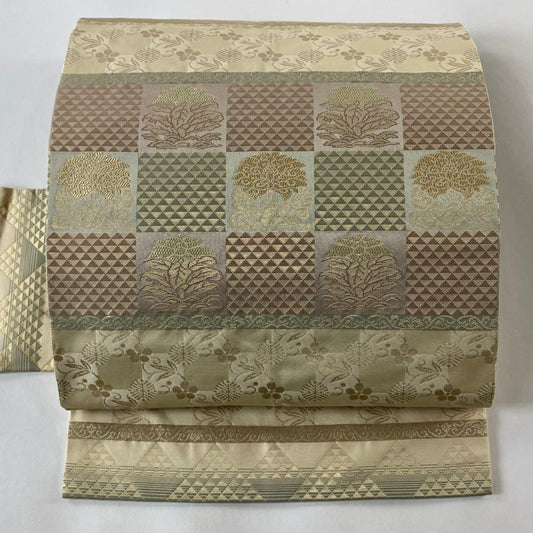 【庫存清倉】 名古屋帶 美品 秀品級 雞頭 蘆葦藤 金金箔 米色 純蠶絲