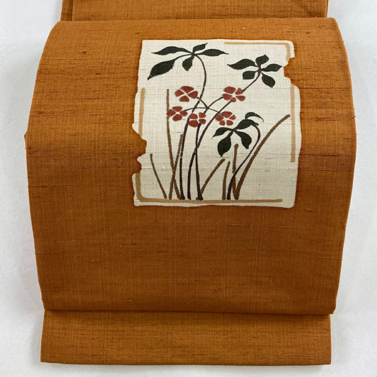 【庫存清倉】 開口名古屋帶 美品 秀品級 紬織織 草花紋紋 金彩裝飾 橙色 純蠶絲