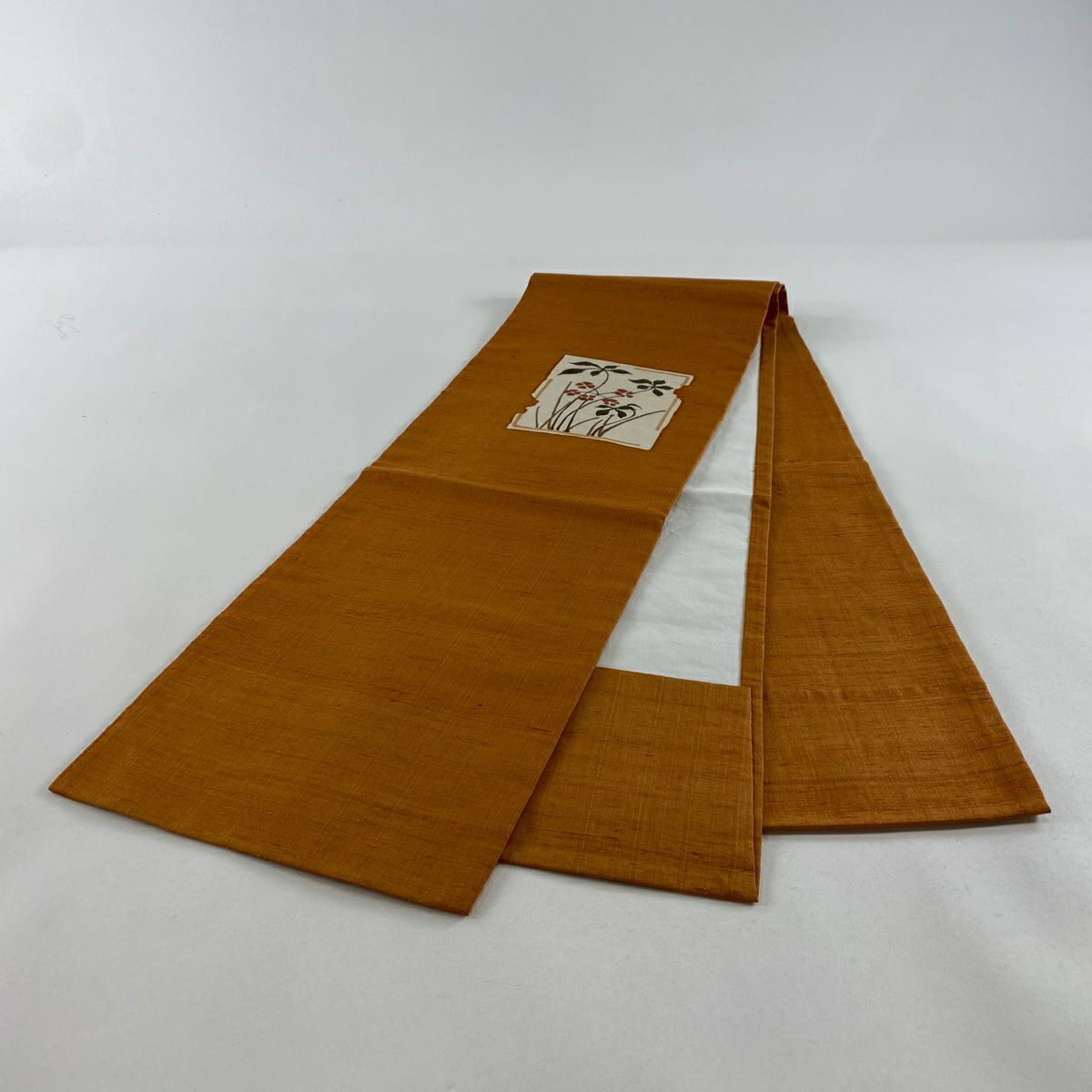 【庫存清倉】 開口名古屋帶 美品 秀品級 紬織織 草花紋紋 金彩裝飾 橙色 純蠶絲