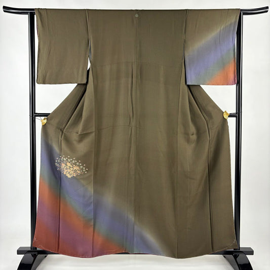 【庫存清倉】 付下 身長157.5cm 袖長64cm M 雙層 草花紋紋 刺繡 漸層 茶綠 純蠶絲 優品級 一個紋