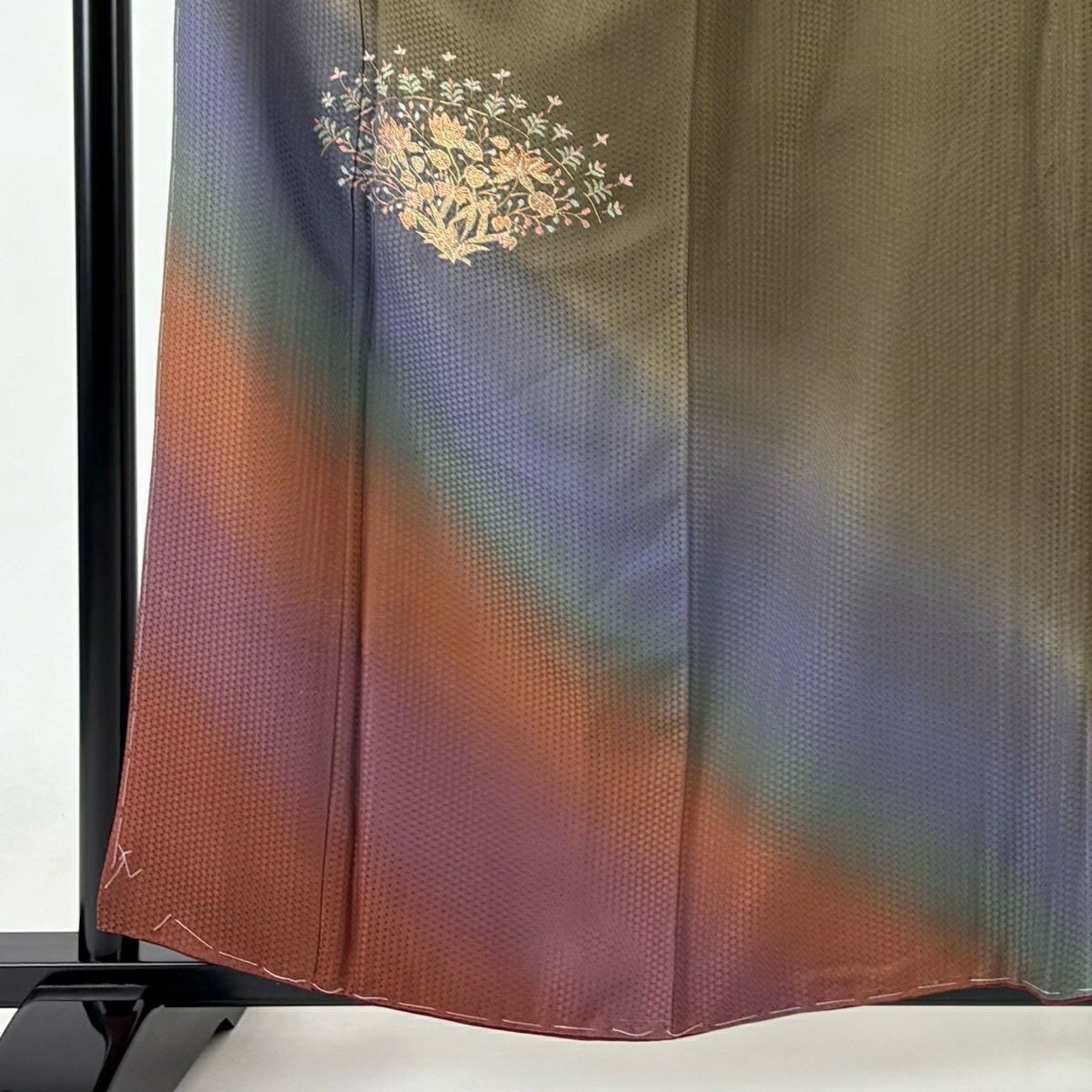 【庫存清倉】 付下 身長157.5cm 袖長64cm M 雙層 草花紋紋 刺繡 漸層 茶綠 純蠶絲 優品級 一個紋