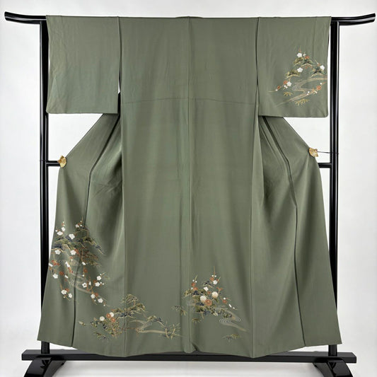【庫存清倉】訪問服 身長155cm 袖長63cm S 雙層 松樹梅花 流水 金彩裝飾 蓬色 純蠶絲 優品級