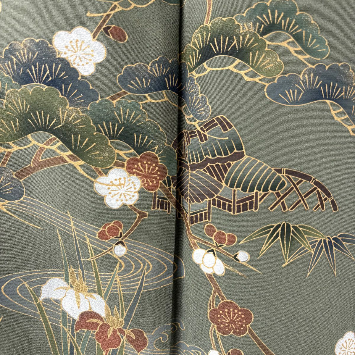 【庫存清倉】訪問服 身長155cm 袖長63cm S 雙層 松樹梅花 流水 金彩裝飾 蓬色 純蠶絲 優品級