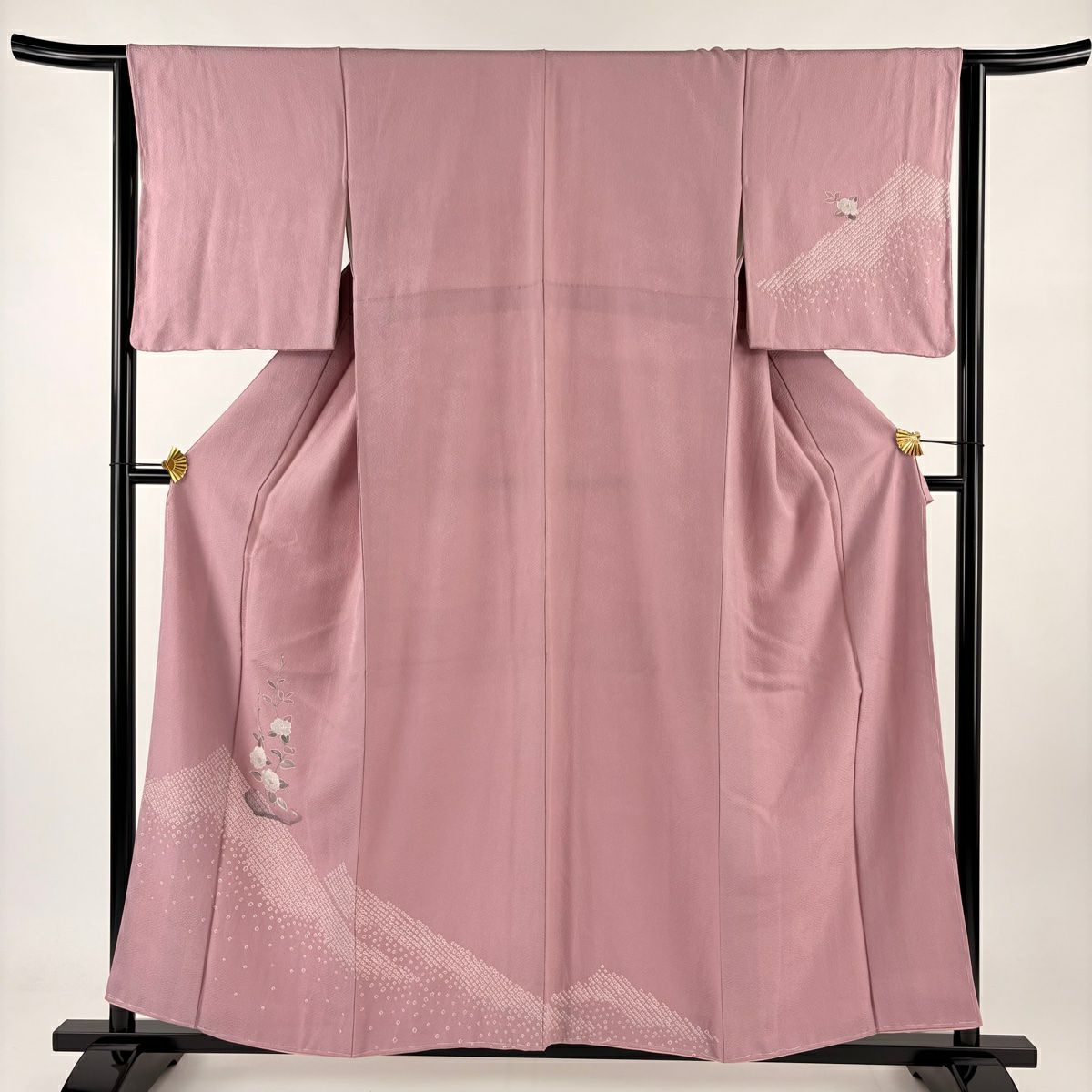 【清倉特賣】 付下 身長157cm 袖長64cm M 雙層 花器 椿 刺繡 絞染 粉紅 純蠶絲 優品級