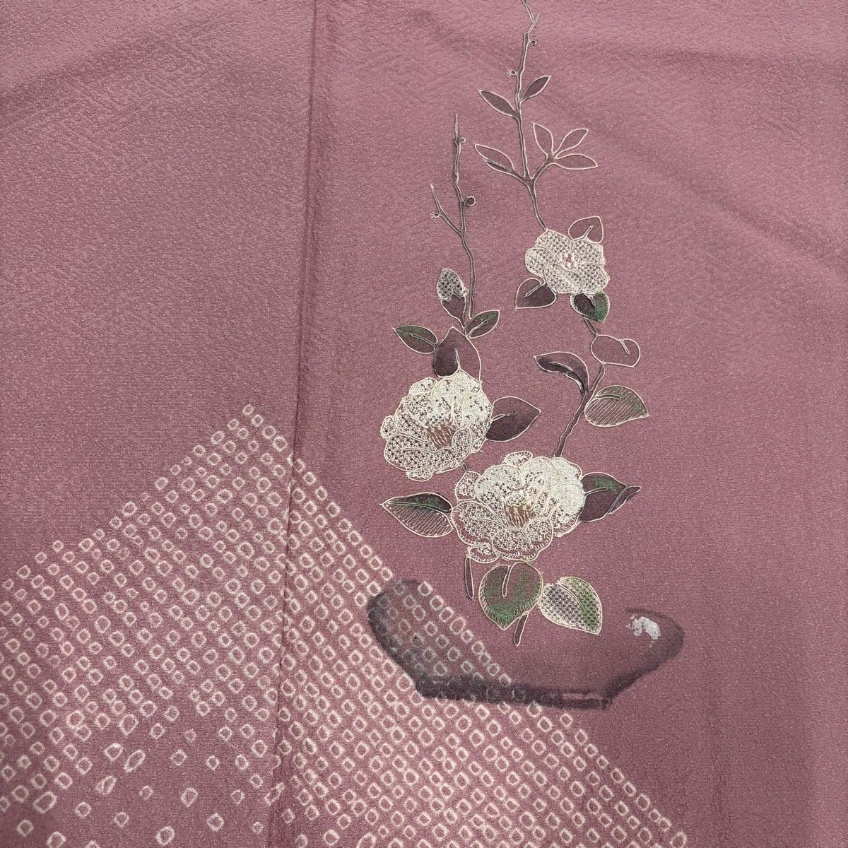 【清倉特賣】 付下 身長157cm 袖長64cm M 雙層 花器 椿 刺繡 絞染 粉紅 純蠶絲 優品級