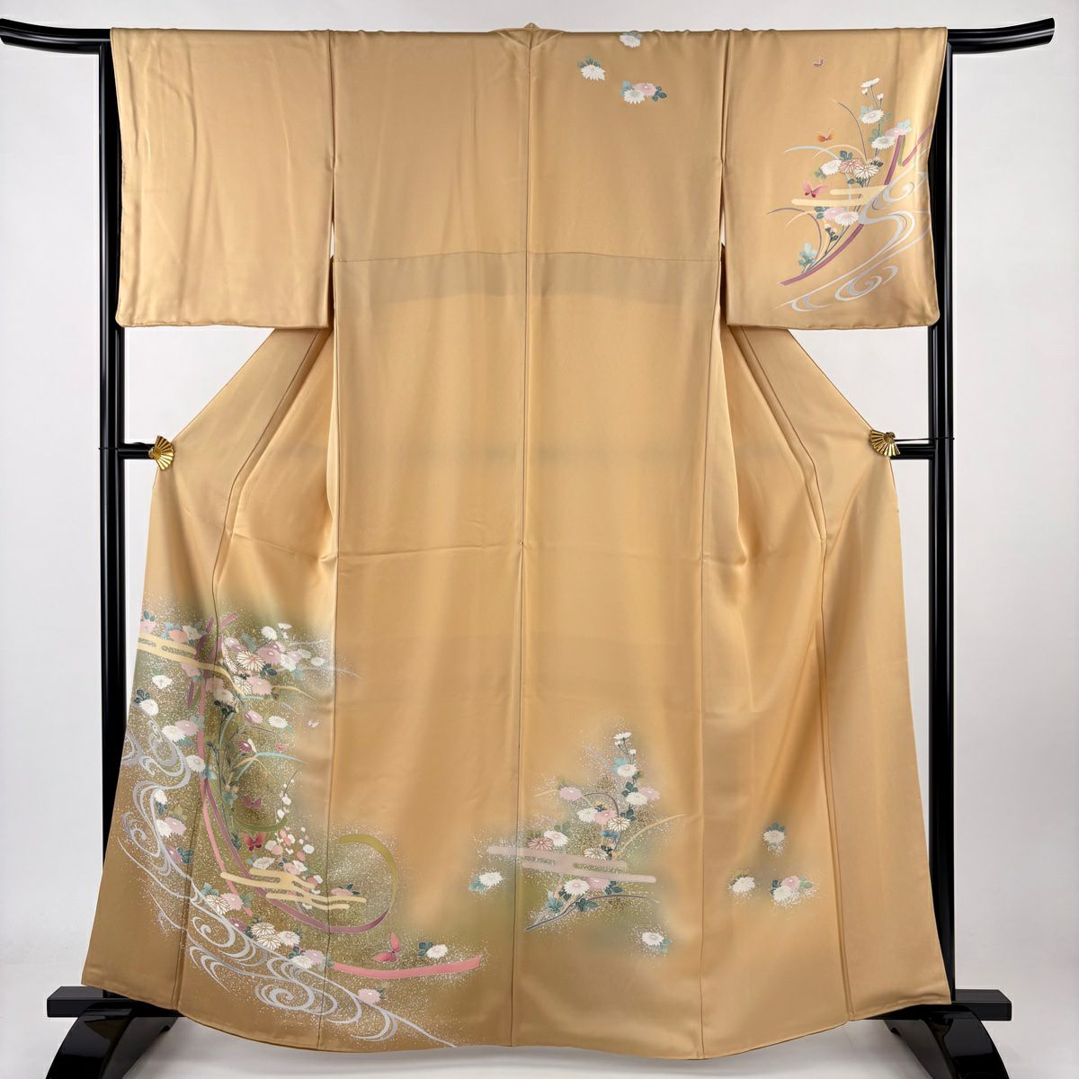 【庫存清倉】訪問服 身長163.5cm 袖長66cm M 雙層 菊花 流水 金銀彩 漸層 淡黃土色 純蠶絲 優品級 一個紋