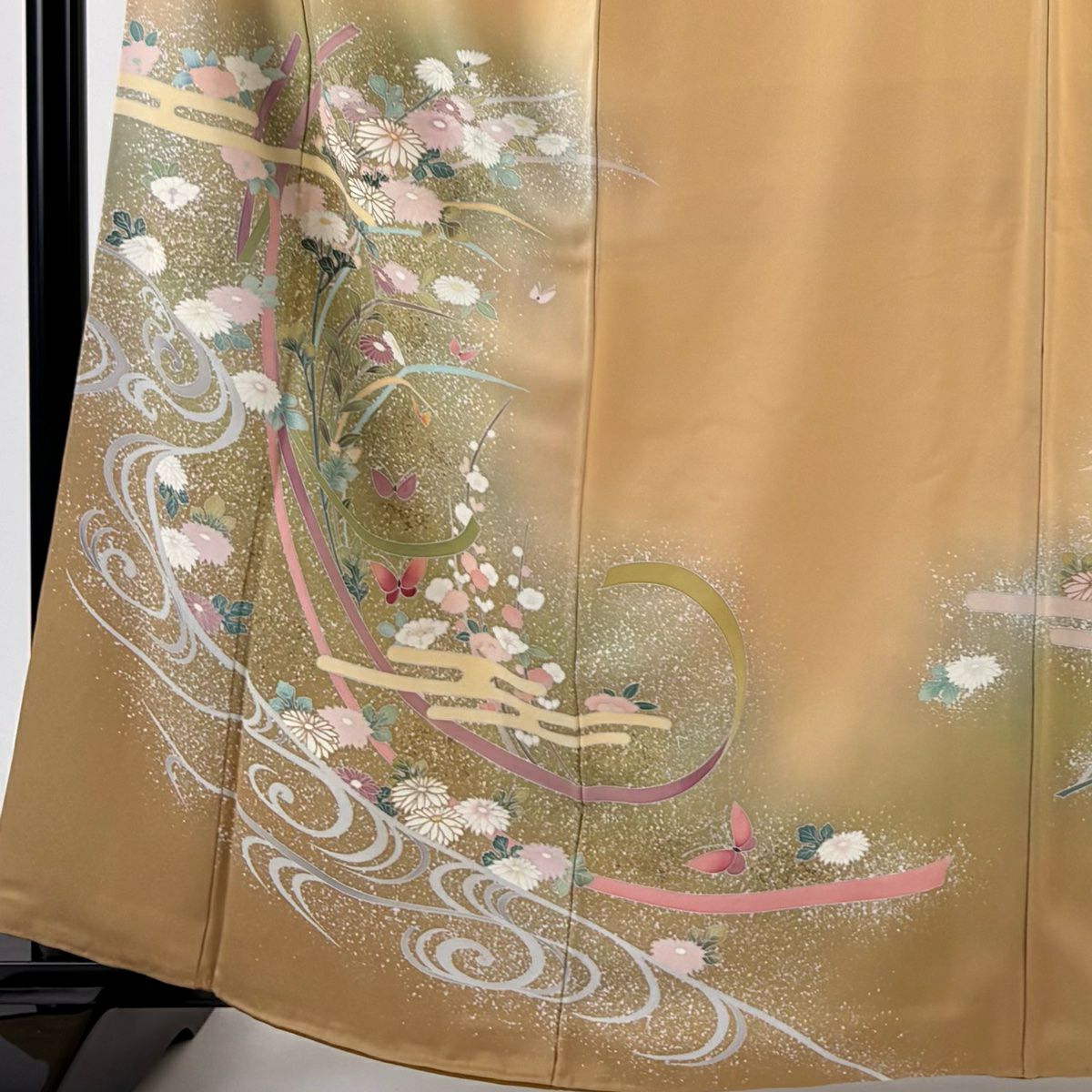 【庫存清倉】訪問服 身長163.5cm 袖長66cm M 雙層 菊花 流水 金銀彩 漸層 淡黃土色 純蠶絲 優品級 一個紋