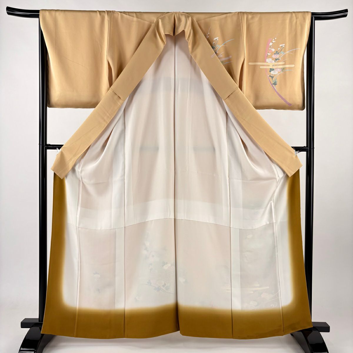 【庫存清倉】訪問服 身長163.5cm 袖長66cm M 雙層 菊花 流水 金銀彩 漸層 淡黃土色 純蠶絲 優品級 一個紋