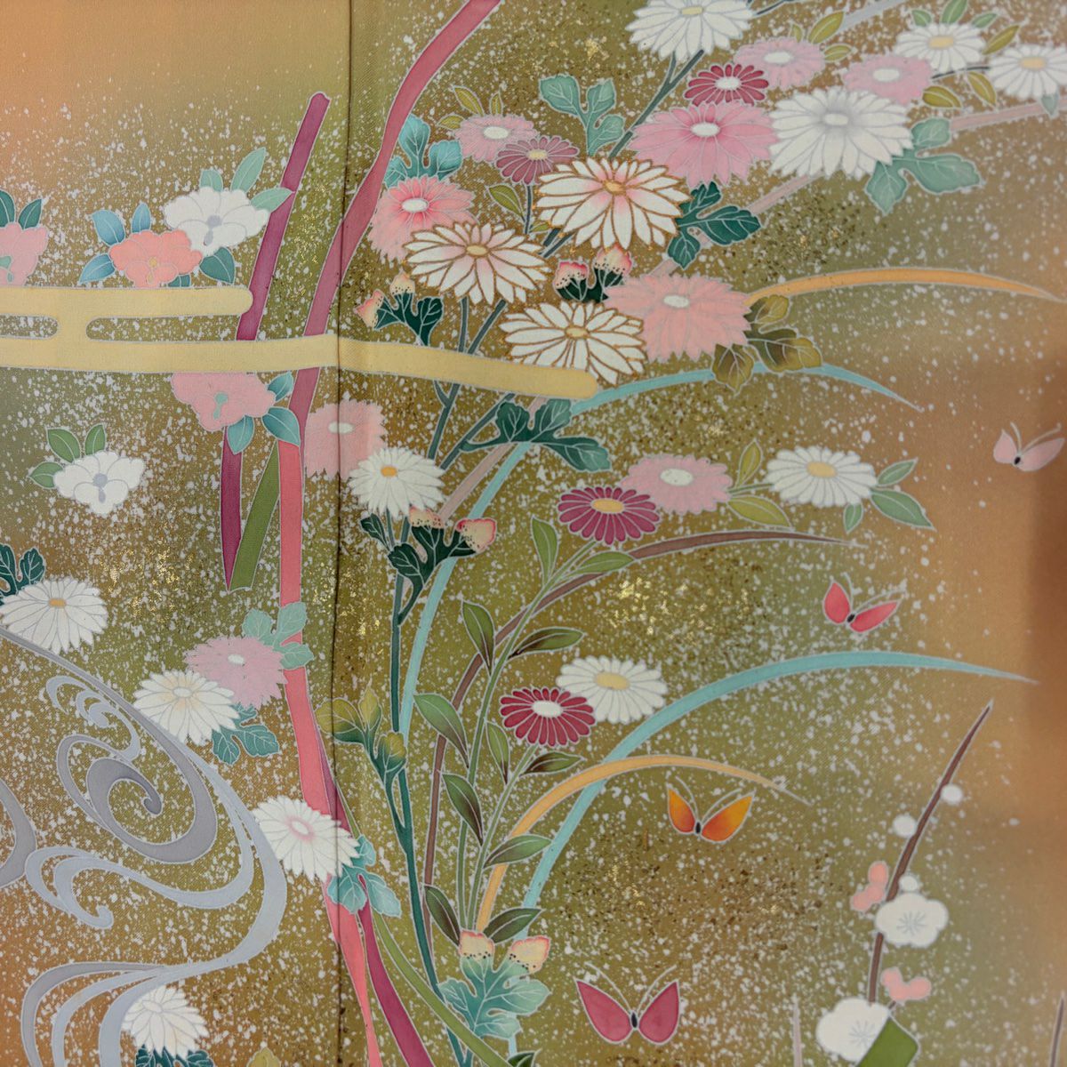 【庫存清倉】訪問服 身長163.5cm 袖長66cm M 雙層 菊花 流水 金銀彩 漸層 淡黃土色 純蠶絲 優品級 一個紋