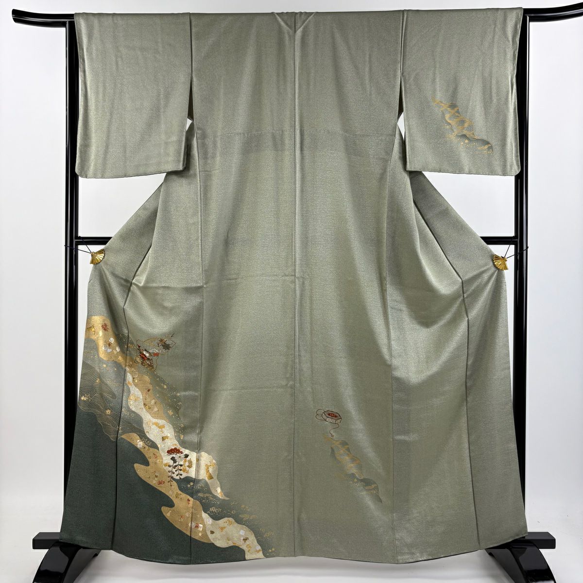 【庫存清倉】 付下 身長162cm 袖長65cm M 雙層 破損色紙 貝桶刺繡 金線 灰綠 純蠶絲 優品級