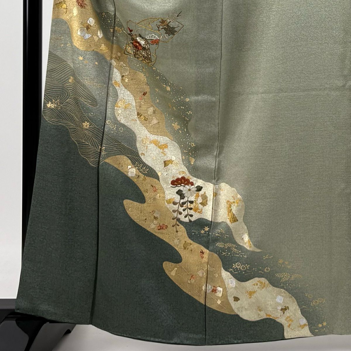 【庫存清倉】 付下 身長162cm 袖長65cm M 雙層 破損色紙 貝桶刺繡 金線 灰綠 純蠶絲 優品級