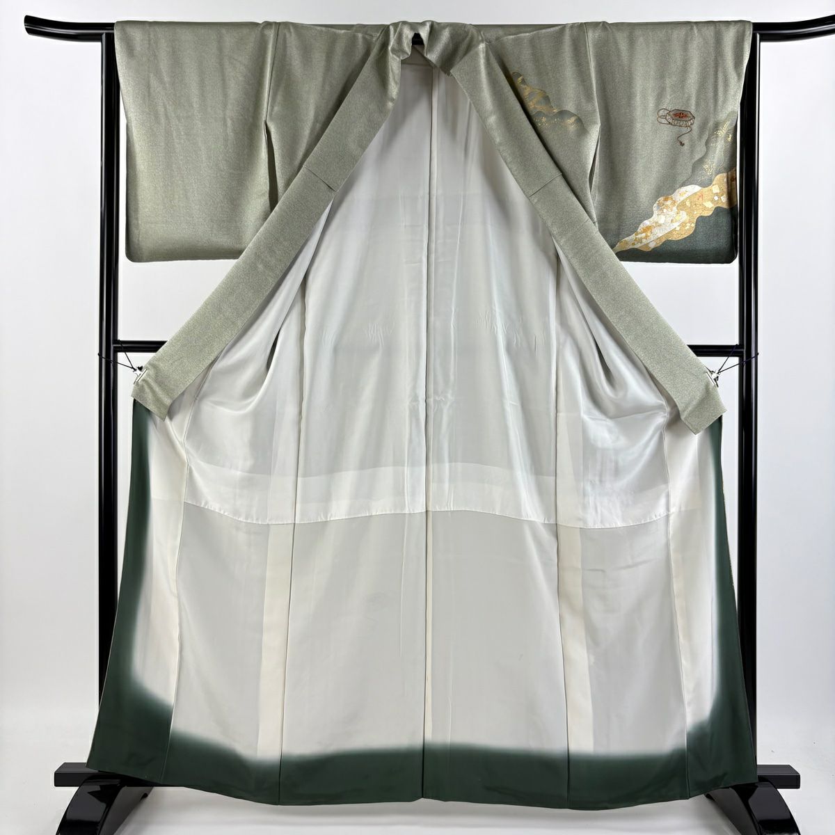 【庫存清倉】 付下 身長162cm 袖長65cm M 雙層 破損色紙 貝桶刺繡 金線 灰綠 純蠶絲 優品級