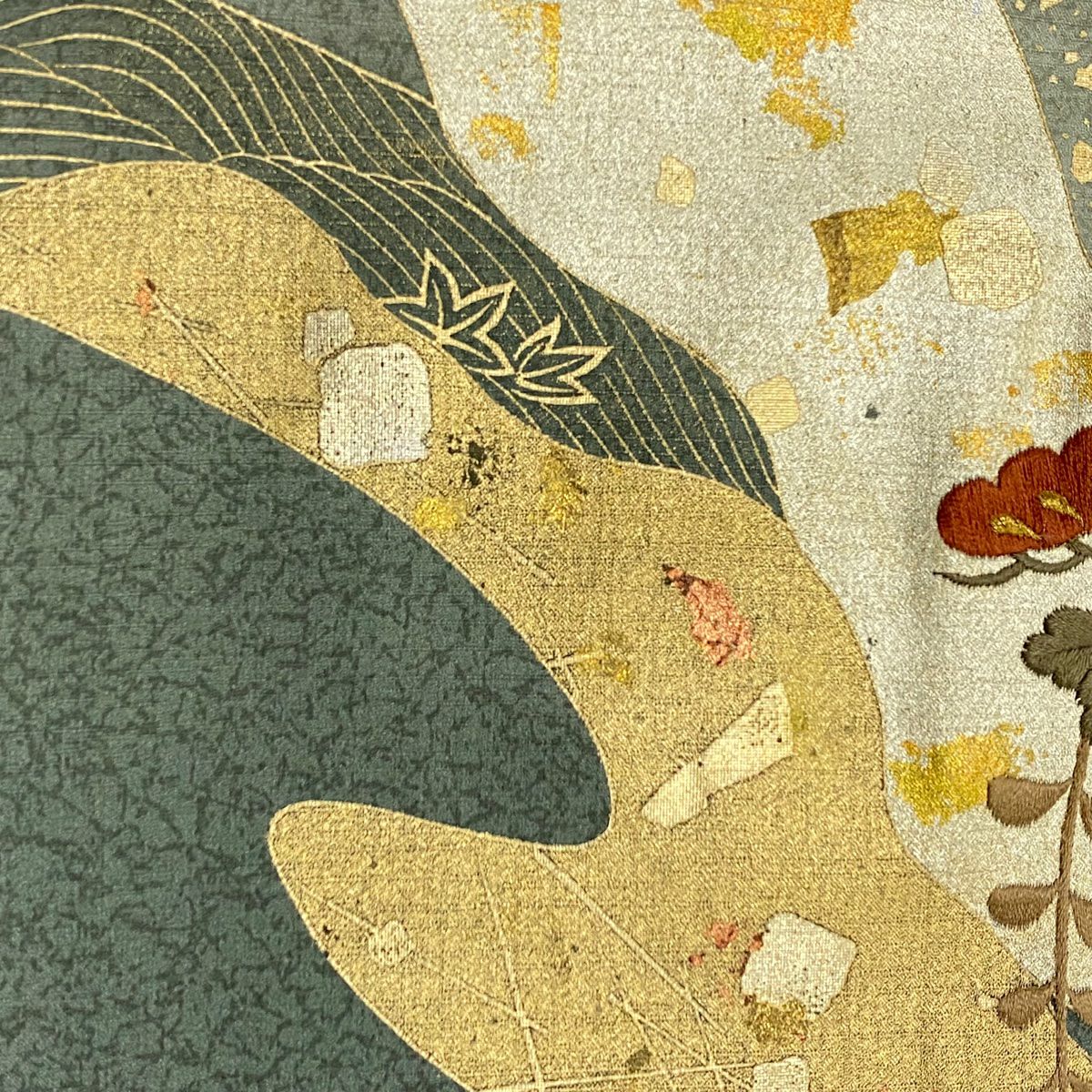【庫存清倉】 付下 身長162cm 袖長65cm M 雙層 破損色紙 貝桶刺繡 金線 灰綠 純蠶絲 優品級
