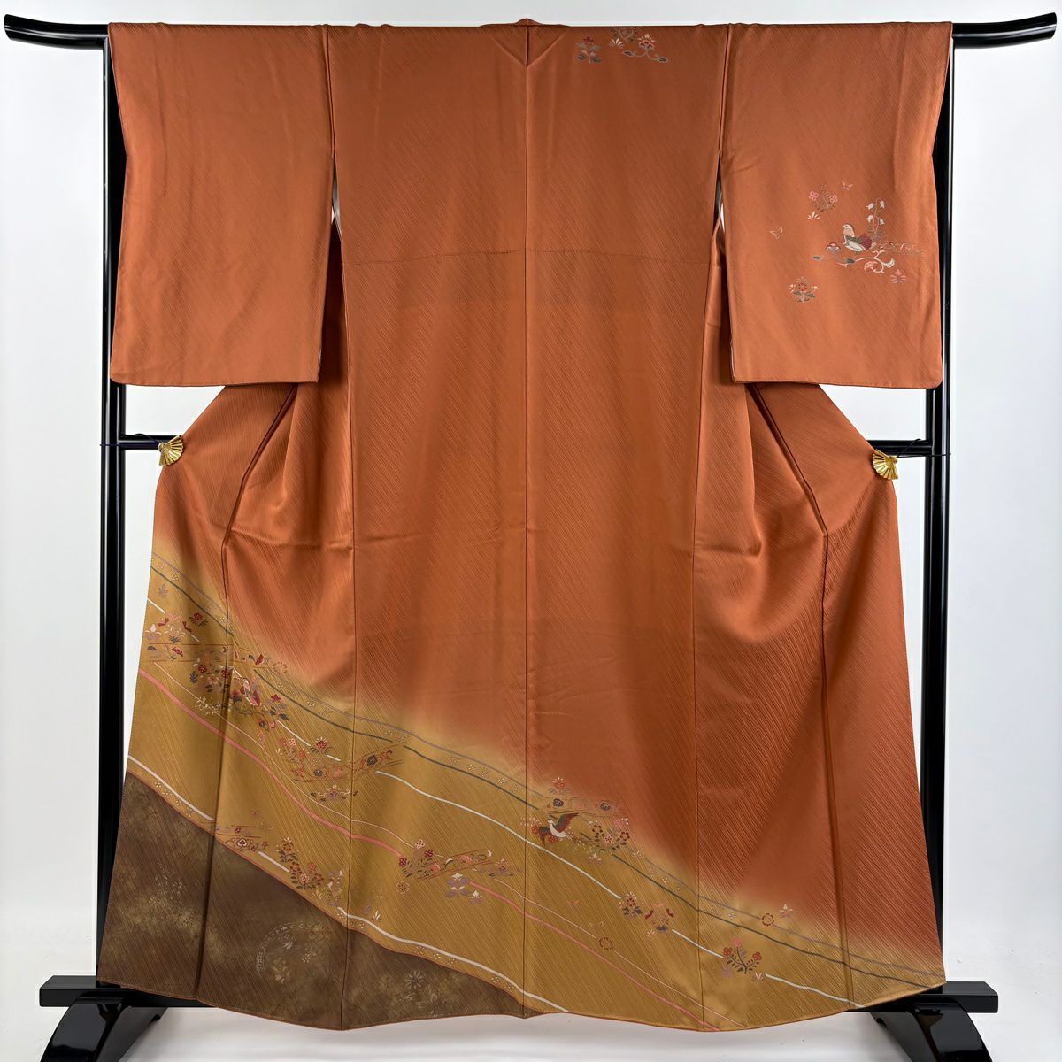 【清倉特賣】訪問服 身長160.5cm 袖長66cm M 雙層 鴛鴦 草花紋紋 金銀彩 染分 紅茶 純蠶絲 優品級