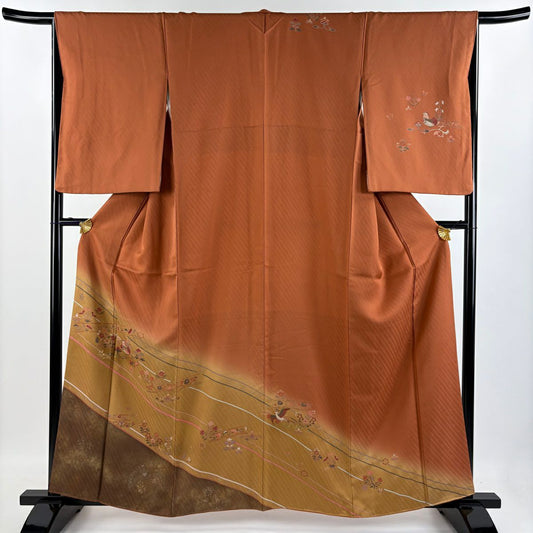 【清倉特賣】訪問服 身長160.5cm 袖長66cm M 雙層 鴛鴦 草花紋紋 金銀彩 染分 紅茶 純蠶絲 優品級