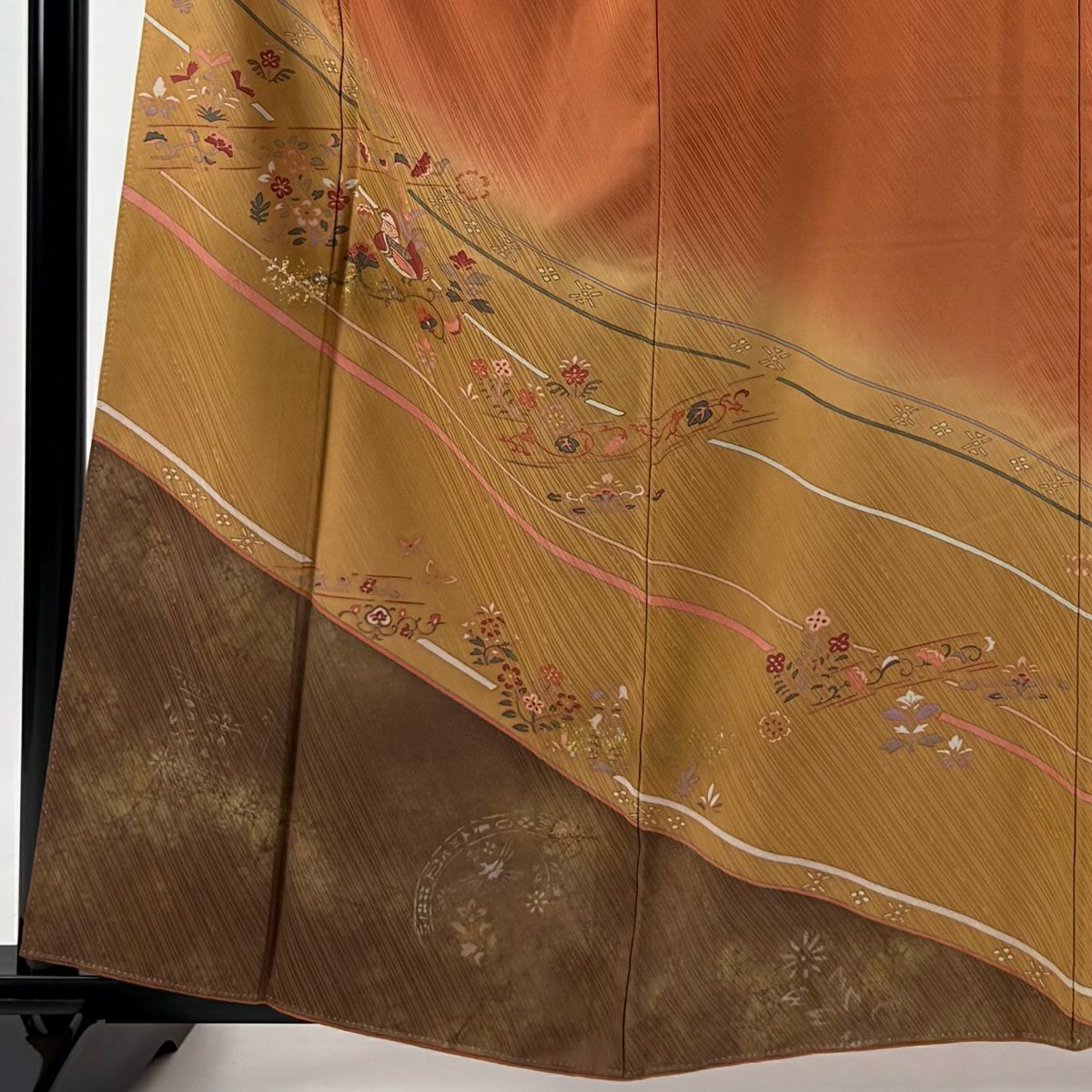 【清倉特賣】訪問服 身長160.5cm 袖長66cm M 雙層 鴛鴦 草花紋紋 金銀彩 染分 紅茶 純蠶絲 優品級