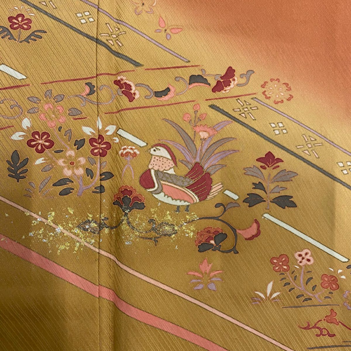 【清倉特賣】訪問服 身長160.5cm 袖長66cm M 雙層 鴛鴦 草花紋紋 金銀彩 染分 紅茶 純蠶絲 優品級