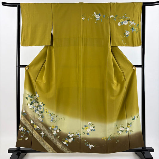 【庫存清倉】訪問服 身長159cm 袖長63cm S 雙層 草花紋紋 金彩裝飾 染分 鶯色 純蠶絲 優品級