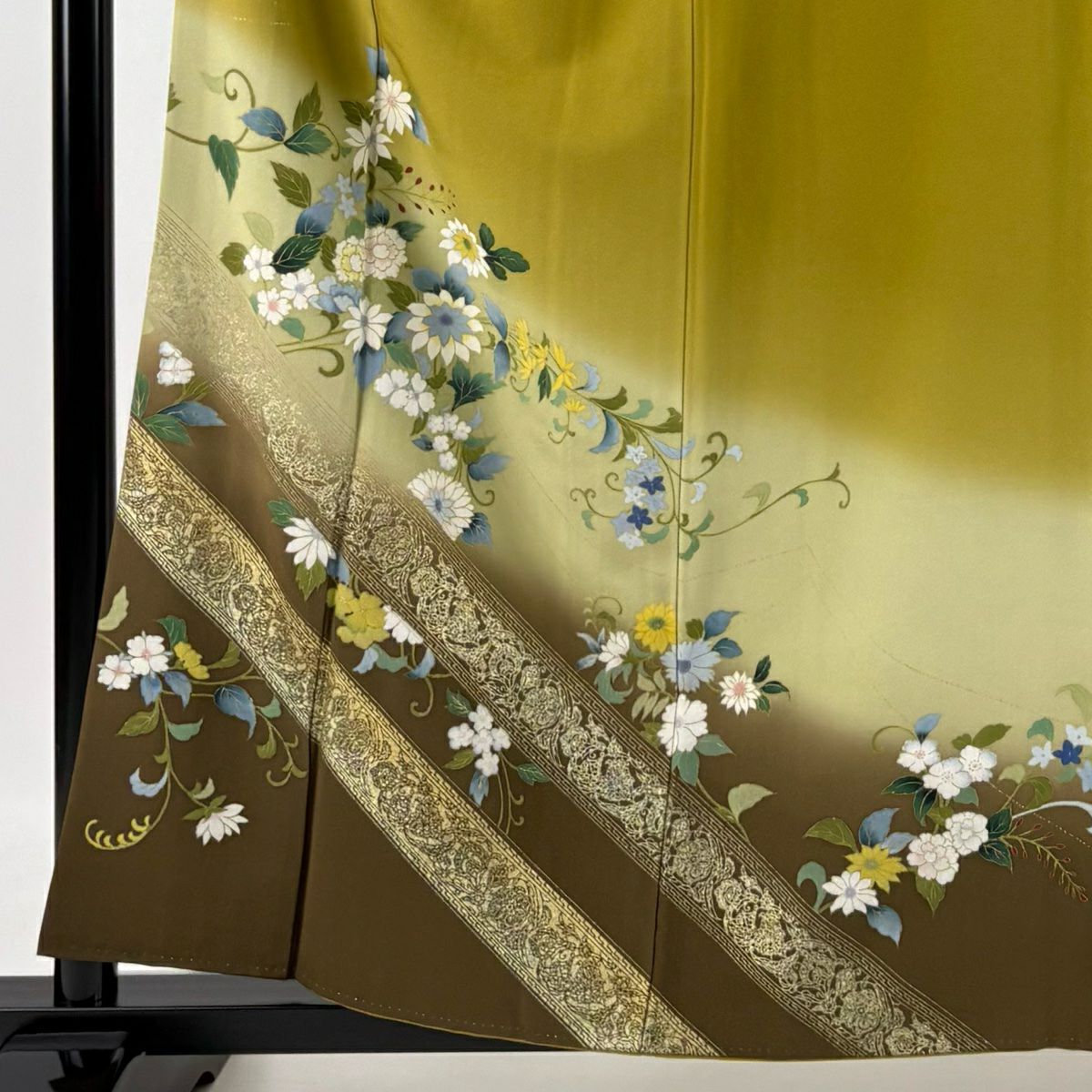 【庫存清倉】訪問服 身長159cm 袖長63cm S 雙層 草花紋紋 金彩裝飾 染分 鶯色 純蠶絲 優品級