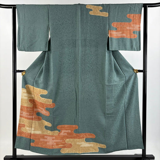 【庫存清倉】訪問服 身長151.5cm 袖長62.5cm S 雙層 霞 草花紋紋 刺繡 金彩裝飾 灰綠 純蠶絲 優品級