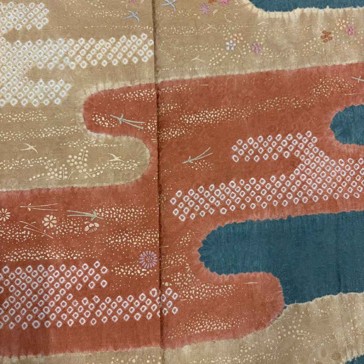 【庫存清倉】訪問服 身長151.5cm 袖長62.5cm S 雙層 霞 草花紋紋 刺繡 金彩裝飾 灰綠 純蠶絲 優品級