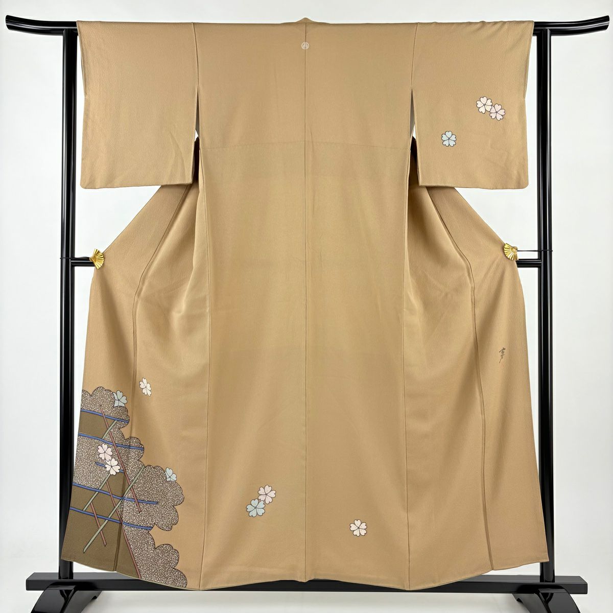 【庫存清倉】 付下 身長155cm 袖長61.5cm S 雙層 大久保玄才 落款あり 櫻花 籠目 金銀彩 淺茶 純蠶絲 優品級 一つ紋