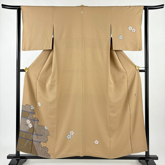 【庫存清倉】 付下 身長155cm 袖長61.5cm S 雙層 大久保玄才 落款あり 櫻花 籠目 金銀彩 淺茶 純蠶絲 優品級 一つ紋