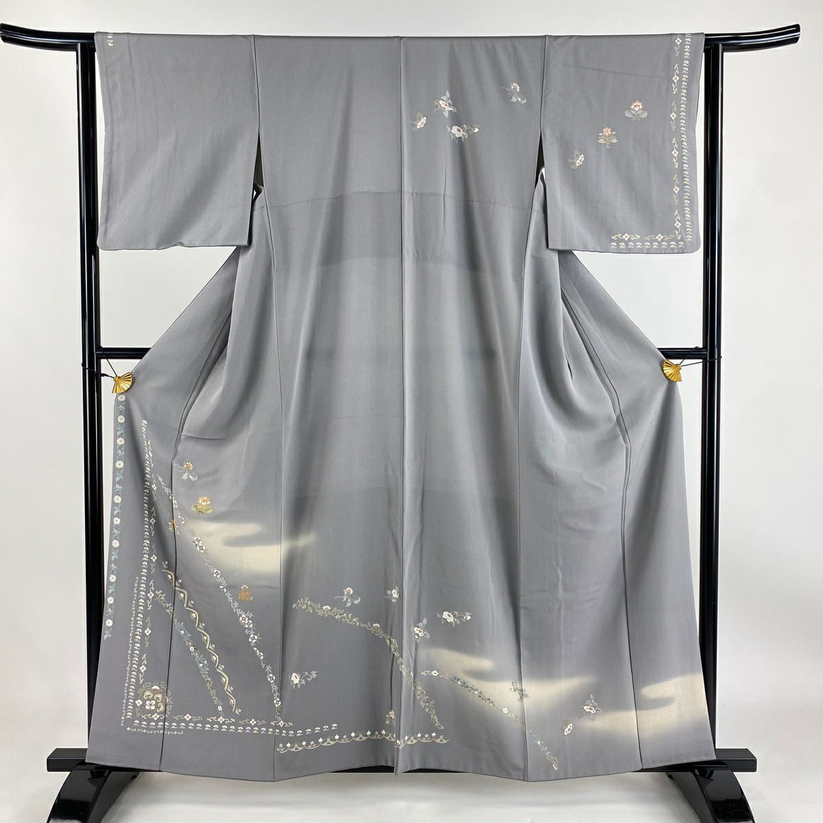 【庫存清倉】訪問服 身長158.5cm 袖長62cm S 雙層 草花紋紋 淡霞 金線 漸層 灰色 純蠶絲 優品級