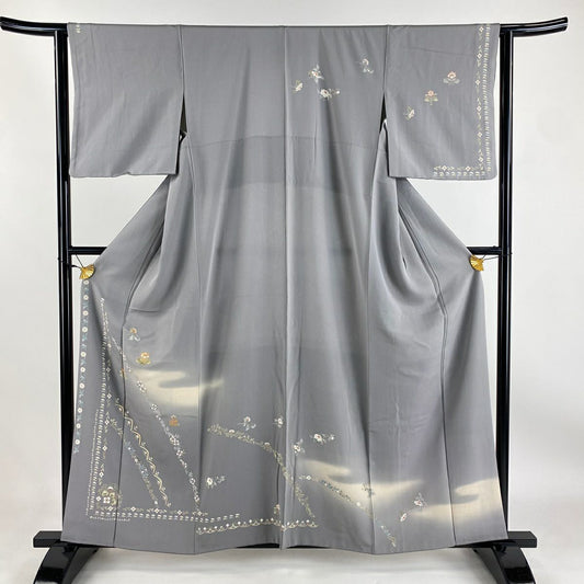 【庫存清倉】訪問服 身長158.5cm 袖長62cm S 雙層 草花紋紋 淡霞 金線 漸層 灰色 純蠶絲 優品級