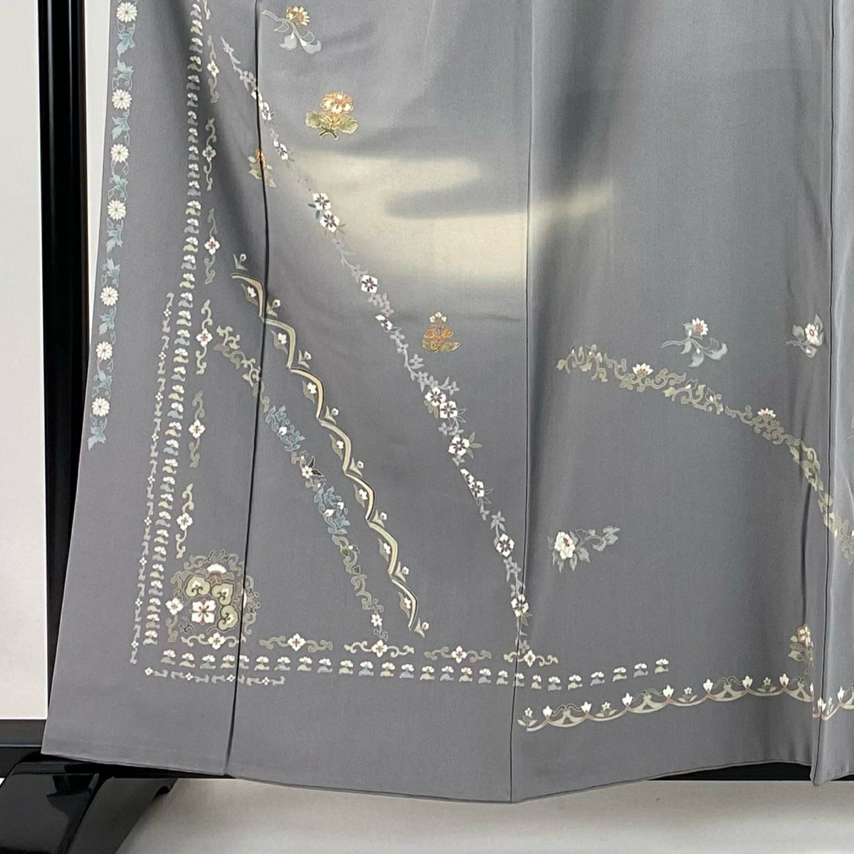 【庫存清倉】訪問服 身長158.5cm 袖長62cm S 雙層 草花紋紋 淡霞 金線 漸層 灰色 純蠶絲 優品級
