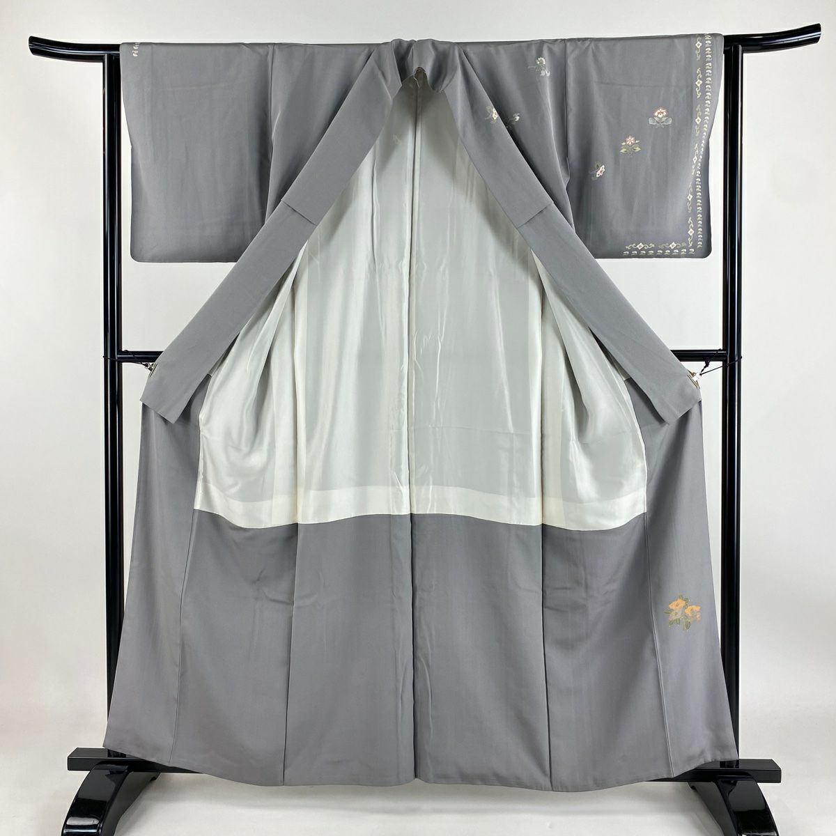 【庫存清倉】訪問服 身長158.5cm 袖長62cm S 雙層 草花紋紋 淡霞 金線 漸層 灰色 純蠶絲 優品級