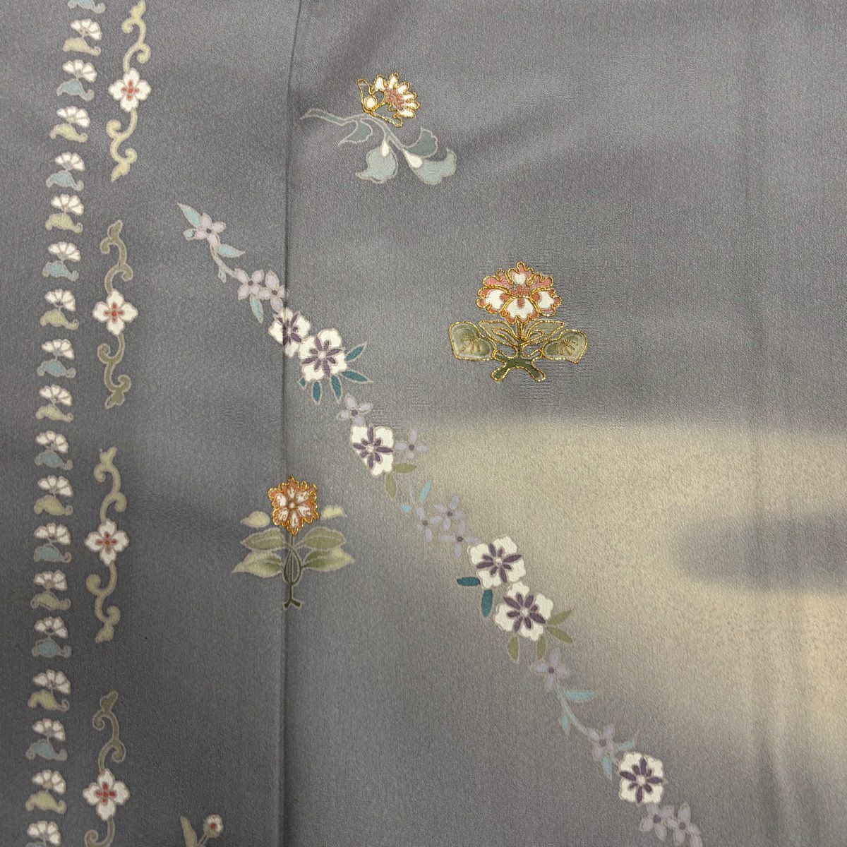 【庫存清倉】訪問服 身長158.5cm 袖長62cm S 雙層 草花紋紋 淡霞 金線 漸層 灰色 純蠶絲 優品級