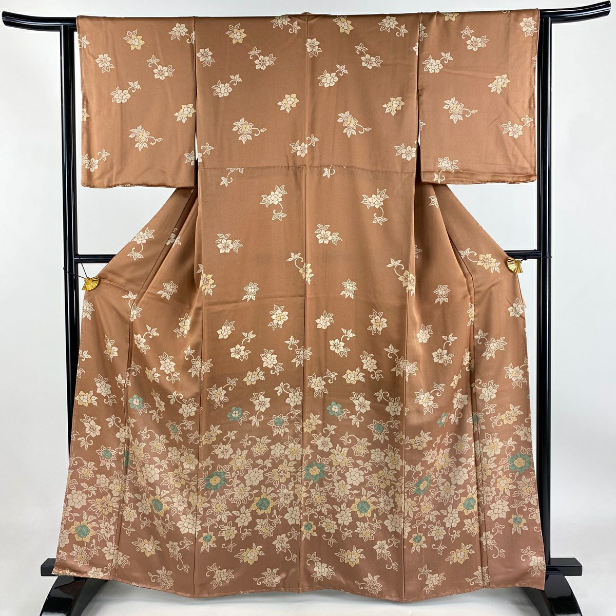 【庫存清倉】 付下 身長162cm 袖長62cm S 雙層 花唐草紋 漸變 紅茶 純蠶絲 優品級