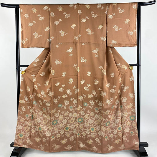 【庫存清倉】 付下 身長162cm 袖長62cm S 雙層 花唐草紋 漸變 紅茶 純蠶絲 優品級