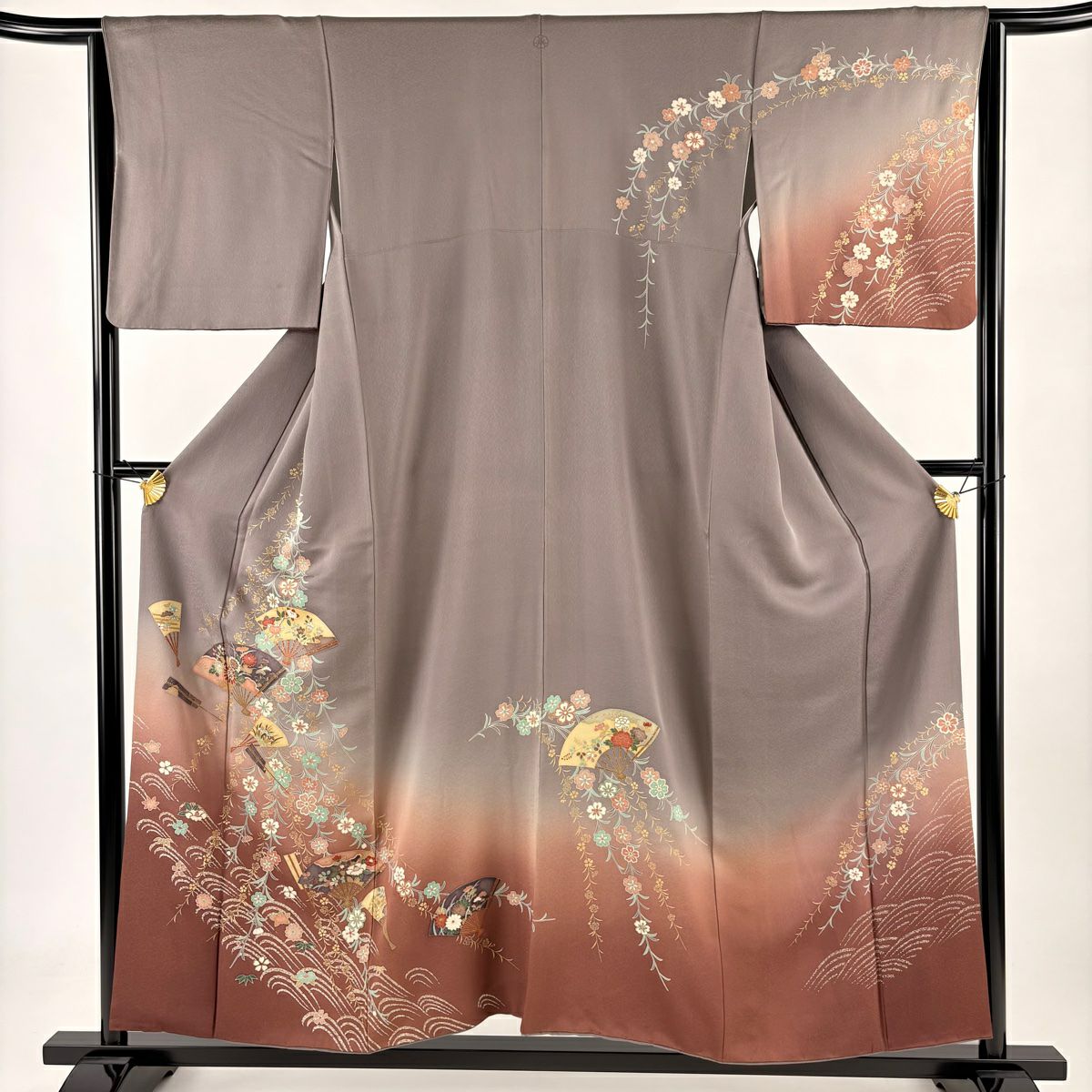 【庫存清倉】訪問服 身長155cm 袖長63.5cm S 雙層 扇子子 垂枝櫻 金銀彩 漸層 灰茶 純蠶絲 優品級 一個紋