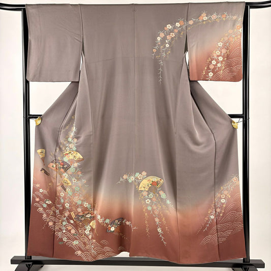 【庫存清倉】訪問服 身長155cm 袖長63.5cm S 雙層 扇子子 垂枝櫻 金銀彩 漸層 灰茶 純蠶絲 優品級 一個紋