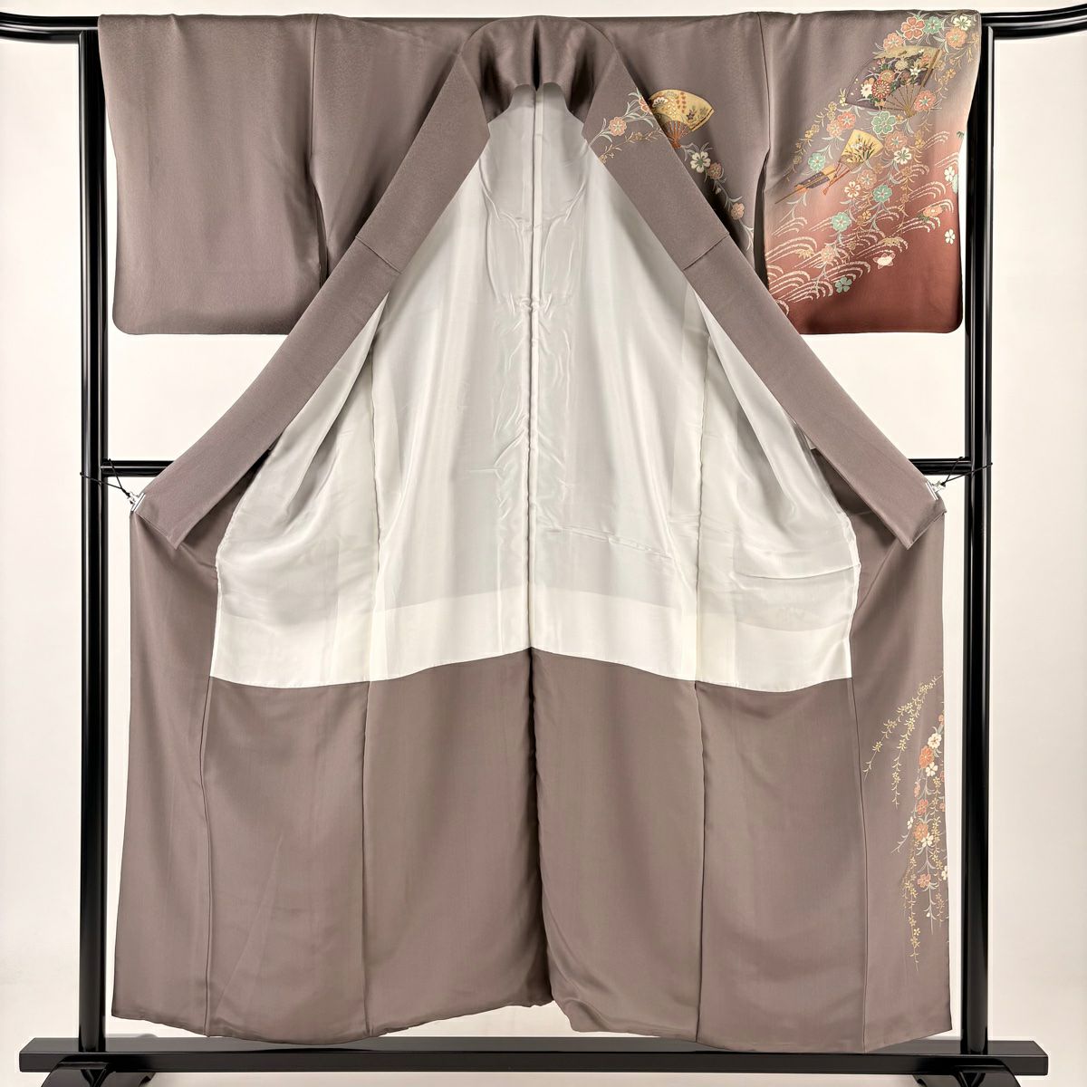 【庫存清倉】訪問服 身長155cm 袖長63.5cm S 雙層 扇子子 垂枝櫻 金銀彩 漸層 灰茶 純蠶絲 優品級 一個紋